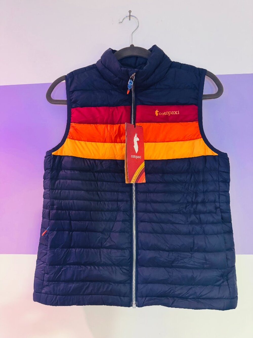 NWT cotopaxi Fuego Down Vest w/ Maritime & Raspberry Stripes